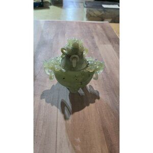Vintage Asian Jade Like Hand Carved Incense Burner with Lid Chinese Art